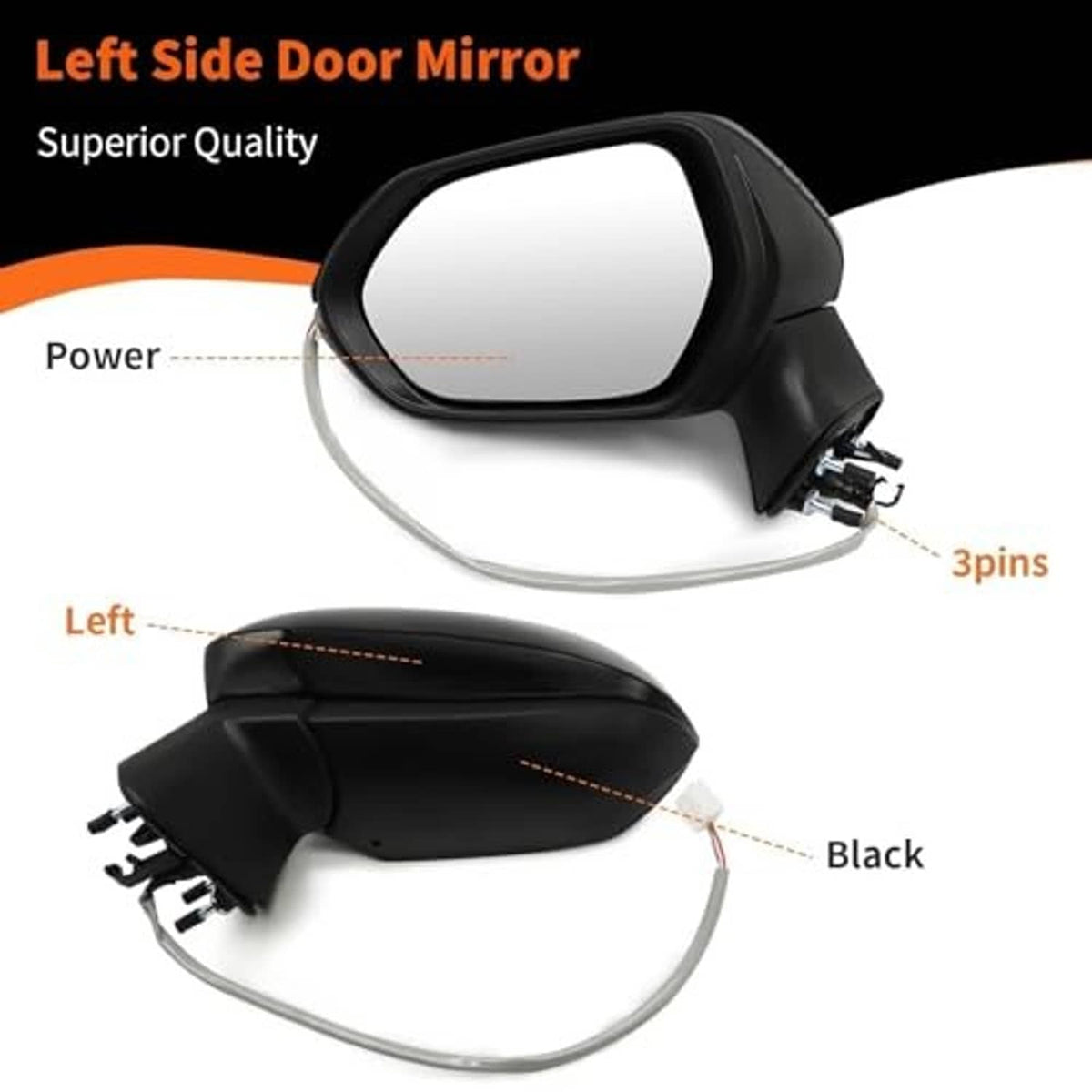 Left side door mirror with black cover, silver mounting hardware, and cable bundle