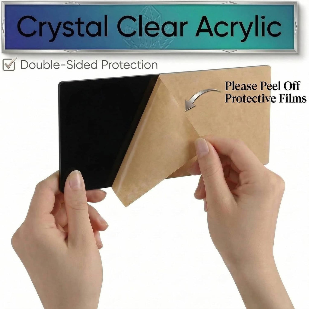 Black acrylic floating shelf with protective films being peeled from the surface
