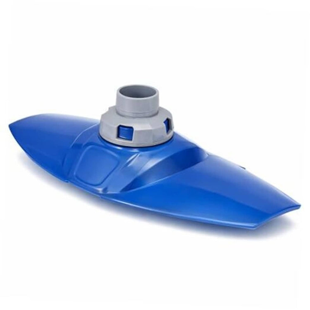Blue pool cleaner top cover with swivel assembly and gray inlet connector