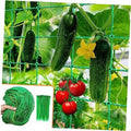 Green garden trellis netting with square grid, shown hanging for climbing cucumbers