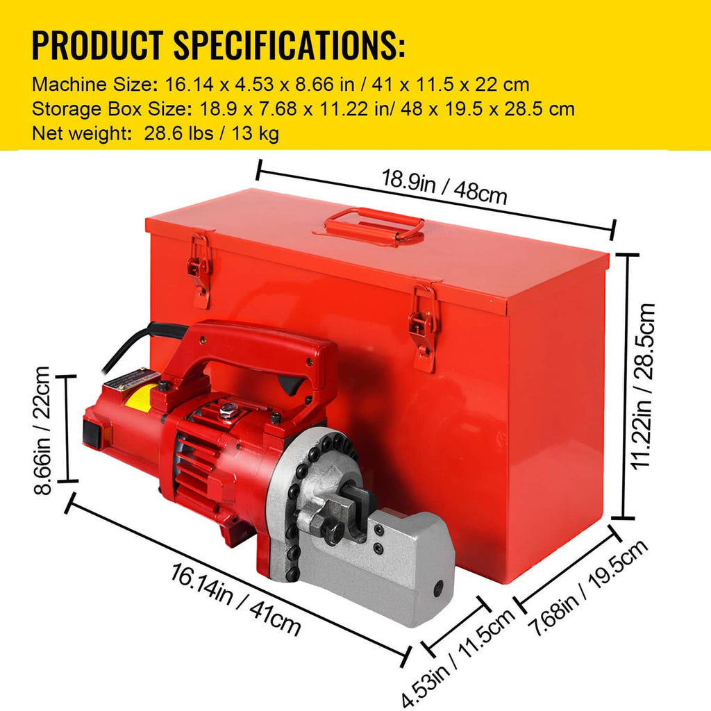 Electric rebar cutter and storage case shown with size measurements