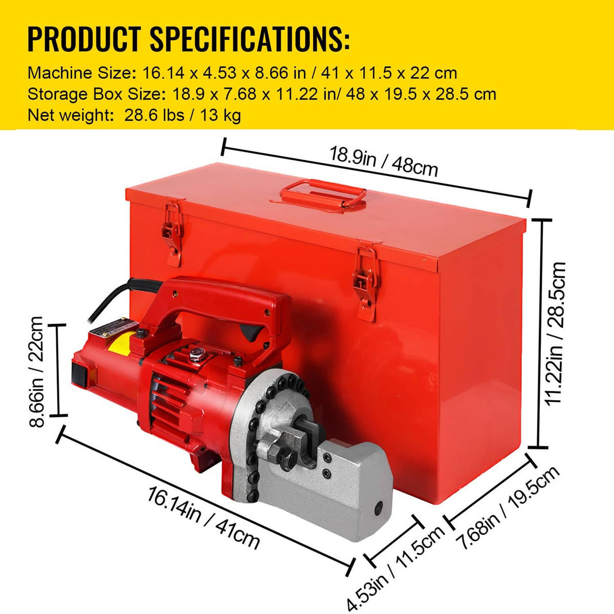 Electric rebar cutter and storage case shown with size measurements