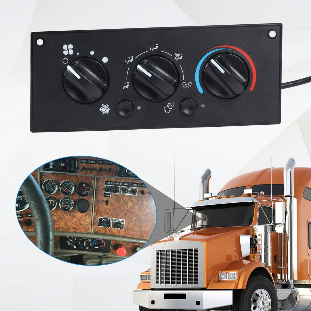 Front climate control module with three rotary knobs and control icons on panel
