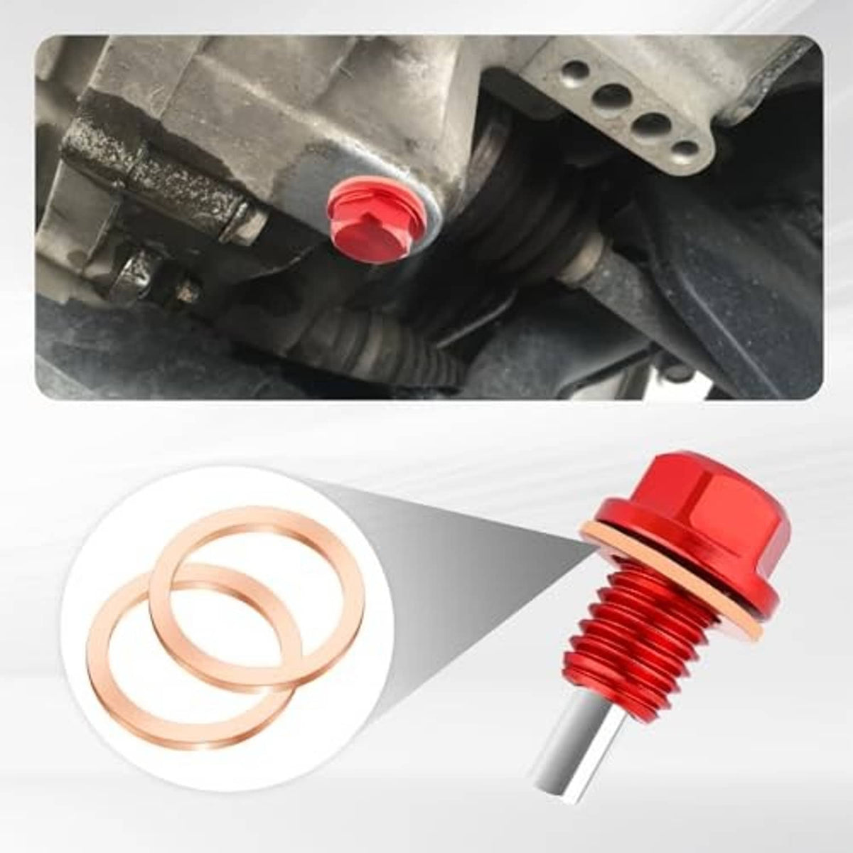 Copper crush washers with red oil drain plug and threaded bolt