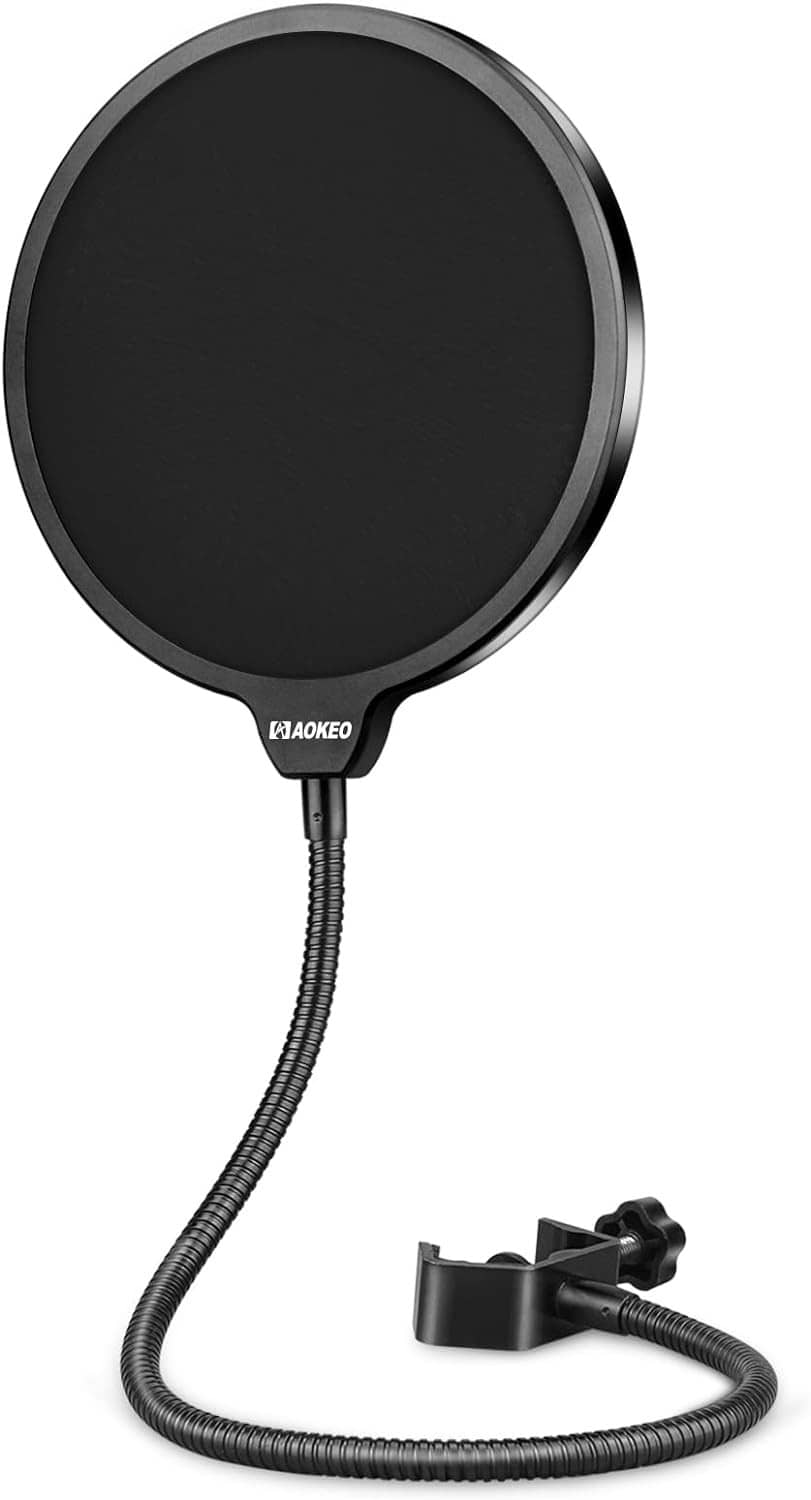 Black round pop filter shield with gooseneck cable and clip for microphone stands