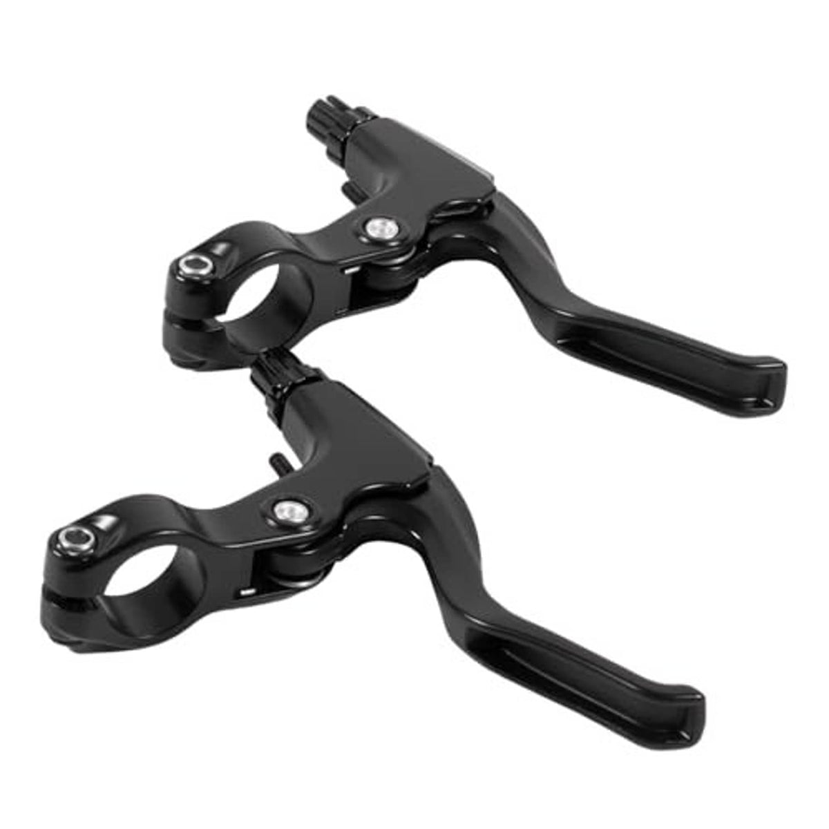 Pair of black bicycle brake levers with silver clamp bolts and long curved brake arms