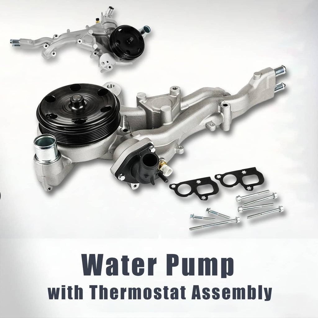 Water pump with thermostat assembly bundle showing pulley, housing, and gaskets