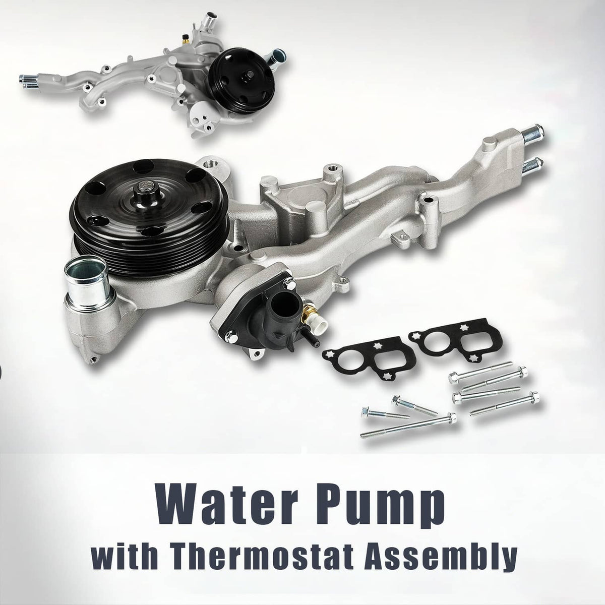 Water pump with thermostat assembly bundle showing pulley, housing, and gaskets