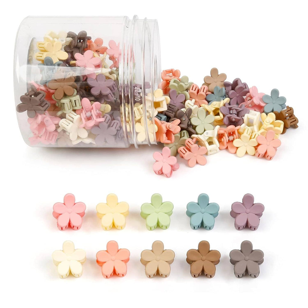 Mini flower claw hair clips set, assorted colors with clear organizer tray