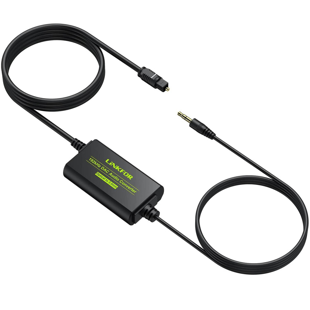 LiNKFOR DAC converter with attached cables, featuring 3.5mm and digital connectors