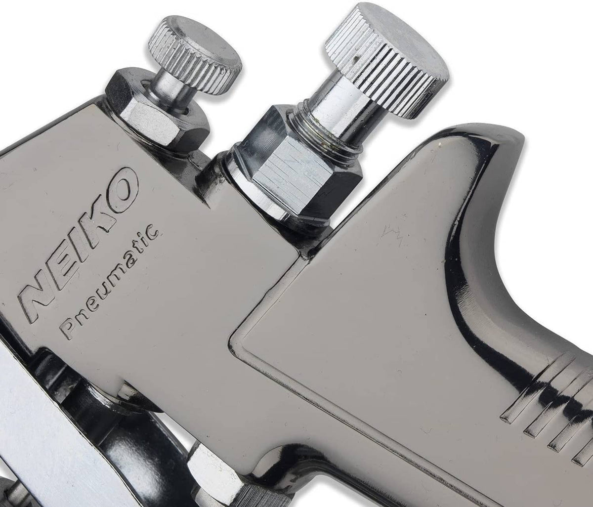 Metal air spray gun head with ribbed adjustment knobs and nozzle area