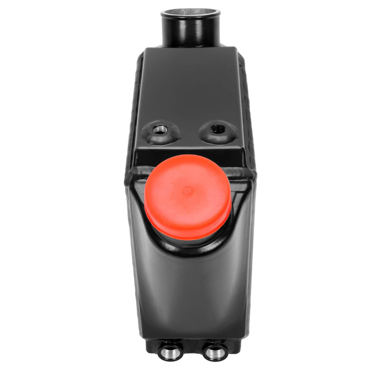 Water intercooler reservoir with two red caps and threaded mounting ports, black metal housing