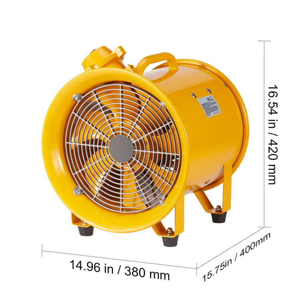 Yellow portable extractor fan blower side view with front wire grille and handle