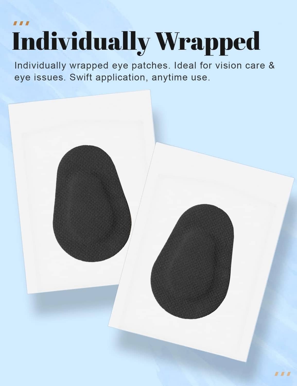 Individually wrapped black oval adhesive eye patches in sealed sachets.