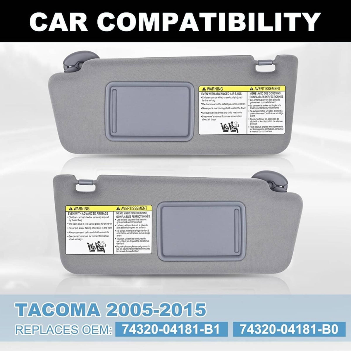 Gray sun visor set with two built-in vanity mirrors and flip-down covers