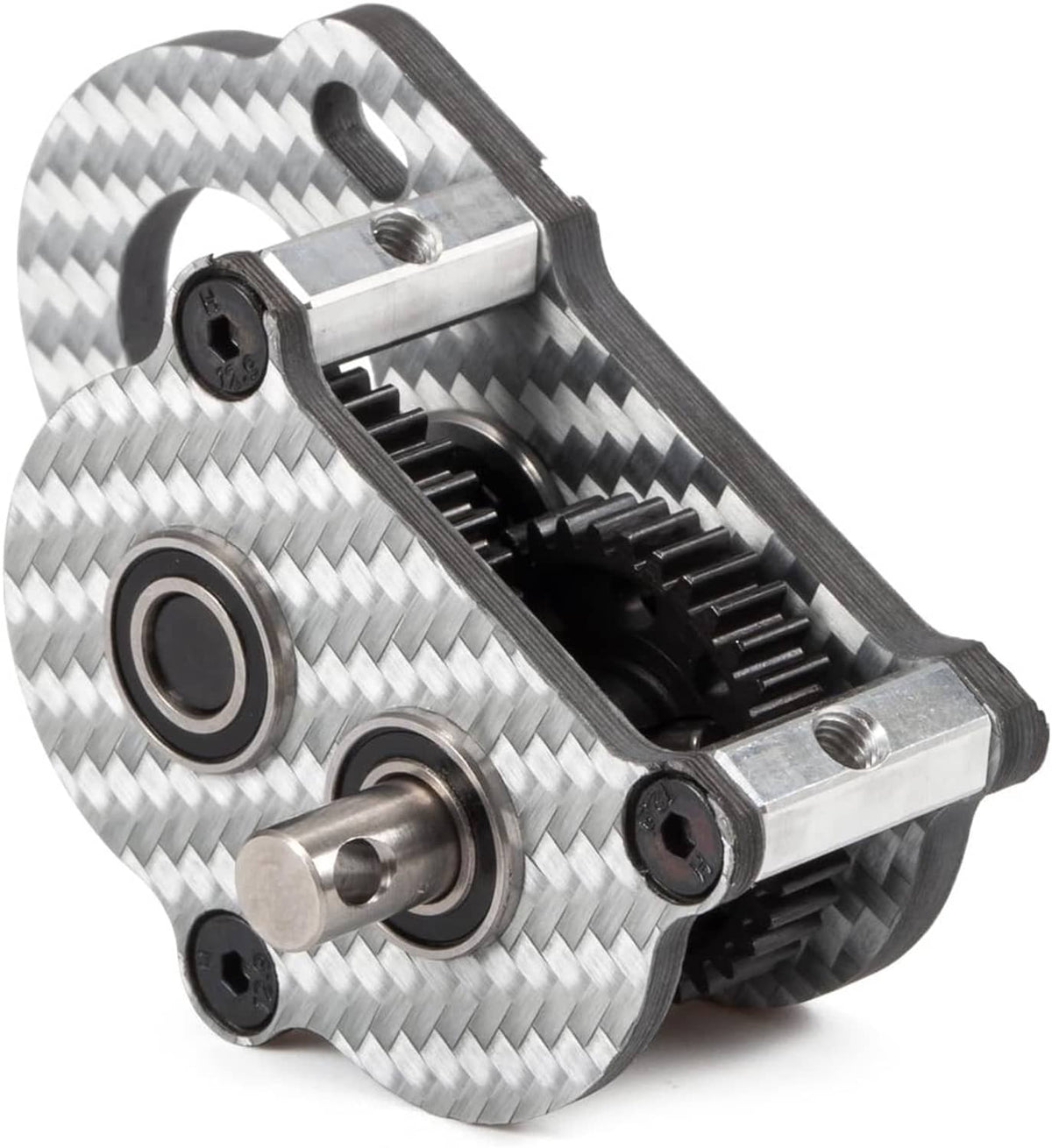 Carbon fiber portal transmission gearbox angled view with bearings and gear teeth