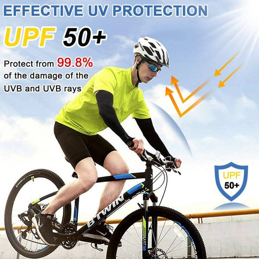 Cycling arm sleeves on forearm, black cooling UV protection fabric