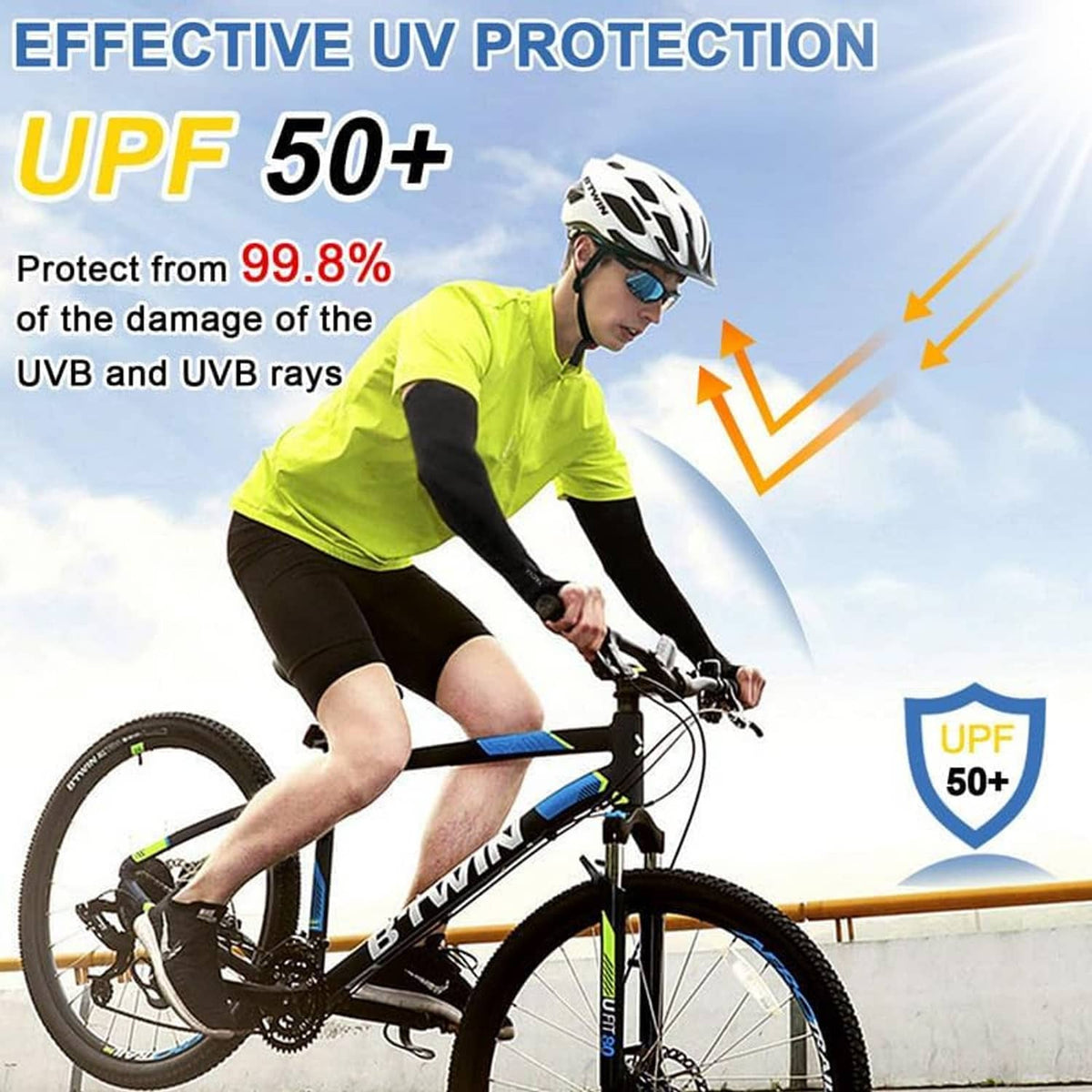 Cycling arm sleeves on forearm, black cooling UV protection fabric