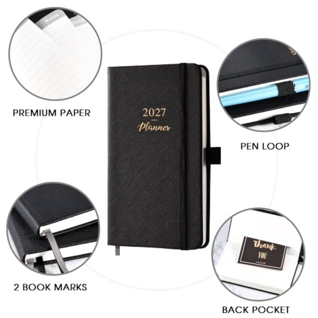 Black pocket planner accessories: premium paper, pen loop, two bookmarks, and back pocket