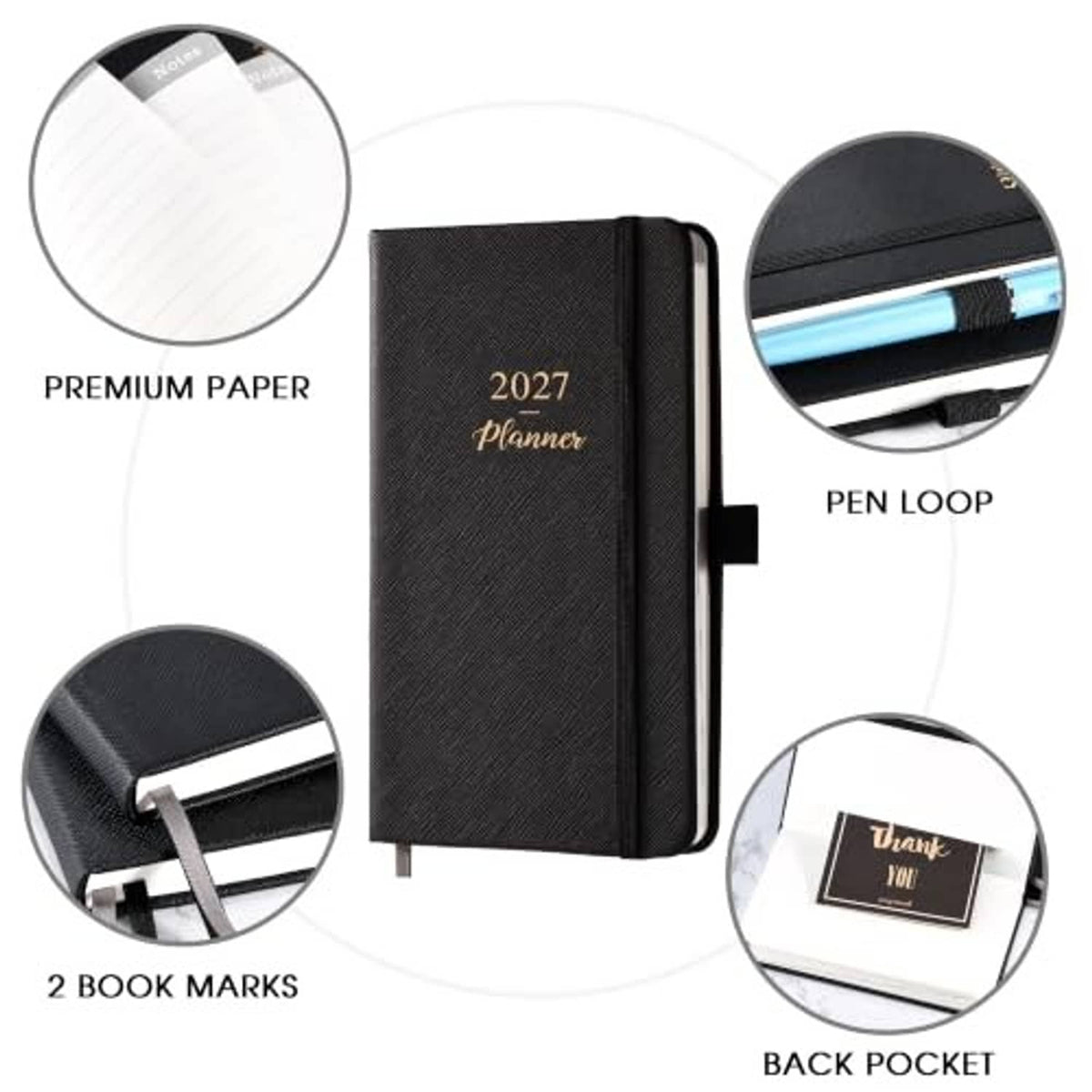 Black pocket planner accessories: premium paper, pen loop, two bookmarks, and back pocket