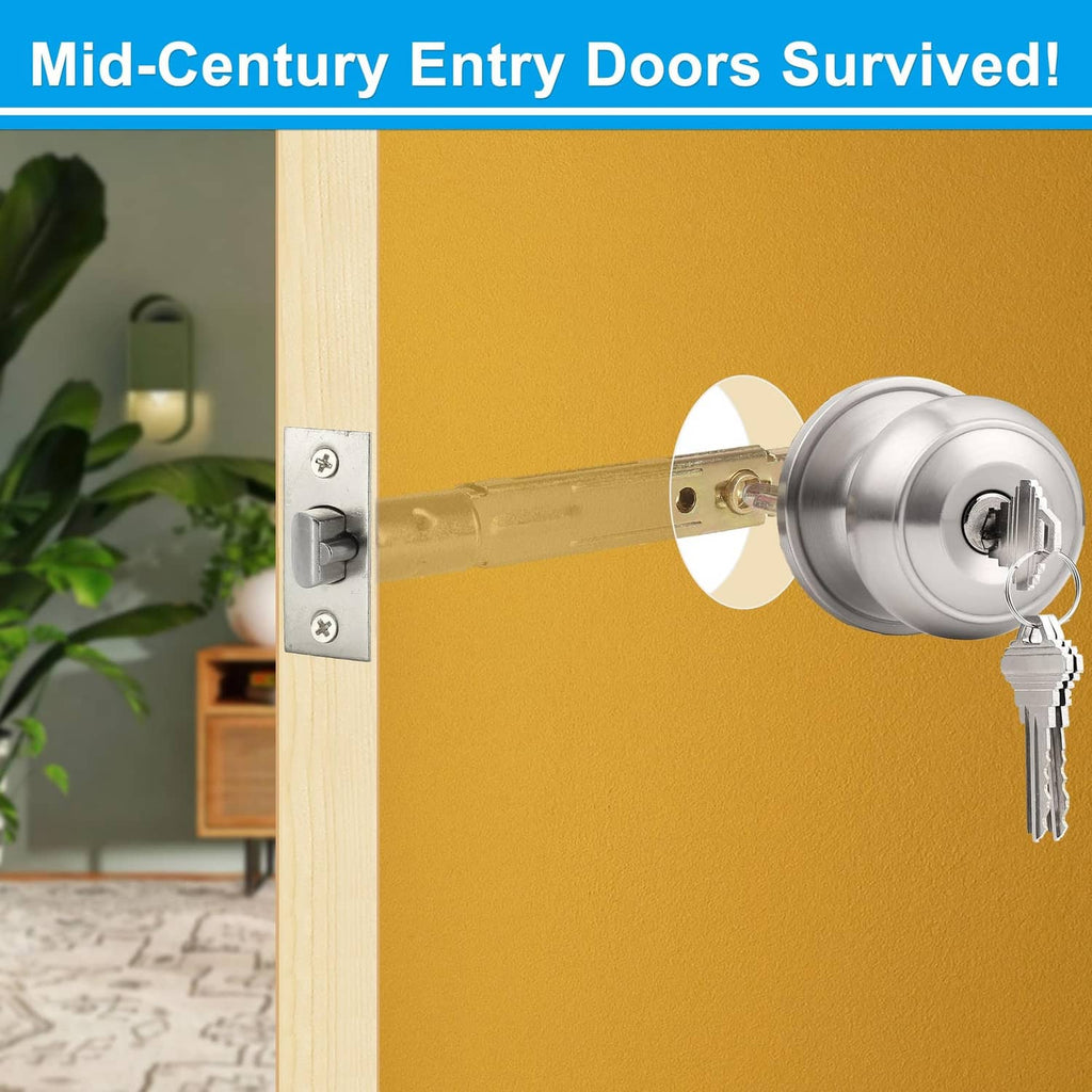Satin nickel keyed entry door latch on wood door with exterior knob and keys