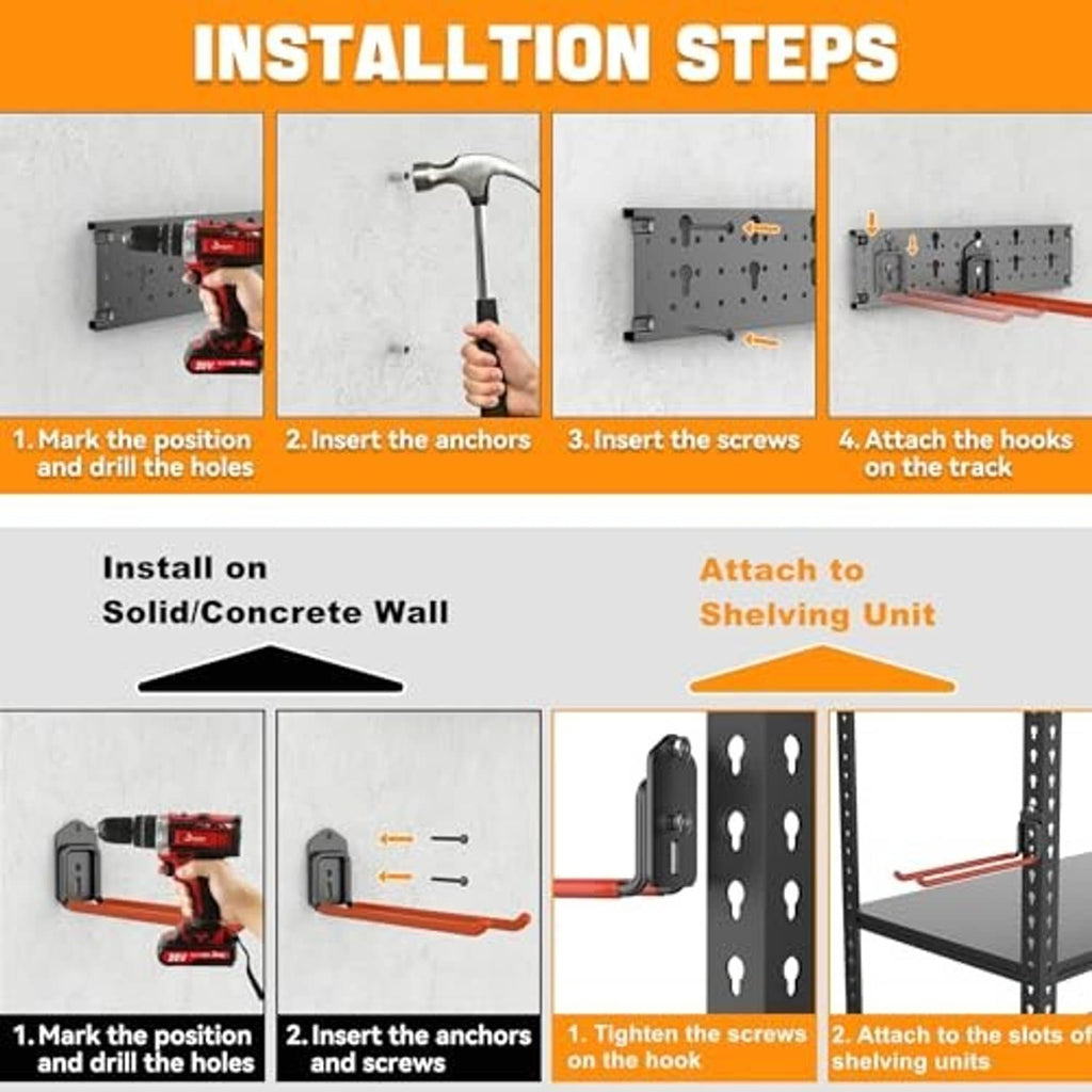 Installation view of wall-mounted tool organizer with anchors, screws, and hook rail attachment