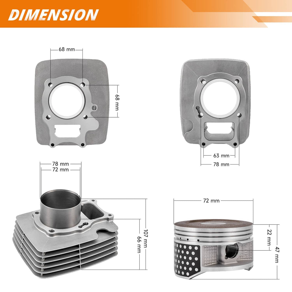Aluminum cylinder head and piston with gasket set, shown with size diagram