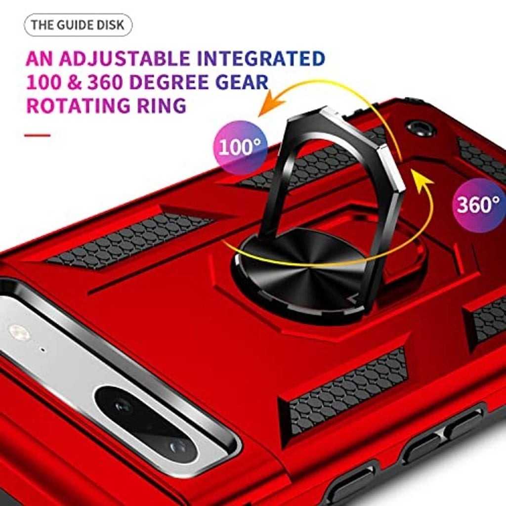 Red rugged phone case with adjustable rotating ring kickstand on textured back