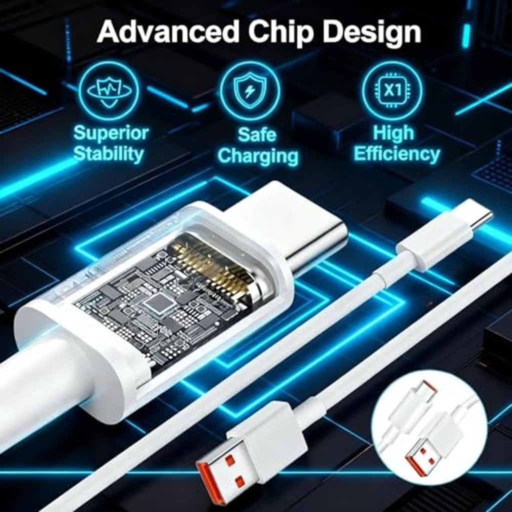 USB-A to USB-C charging cable with close-up connector design and protection chip illustration