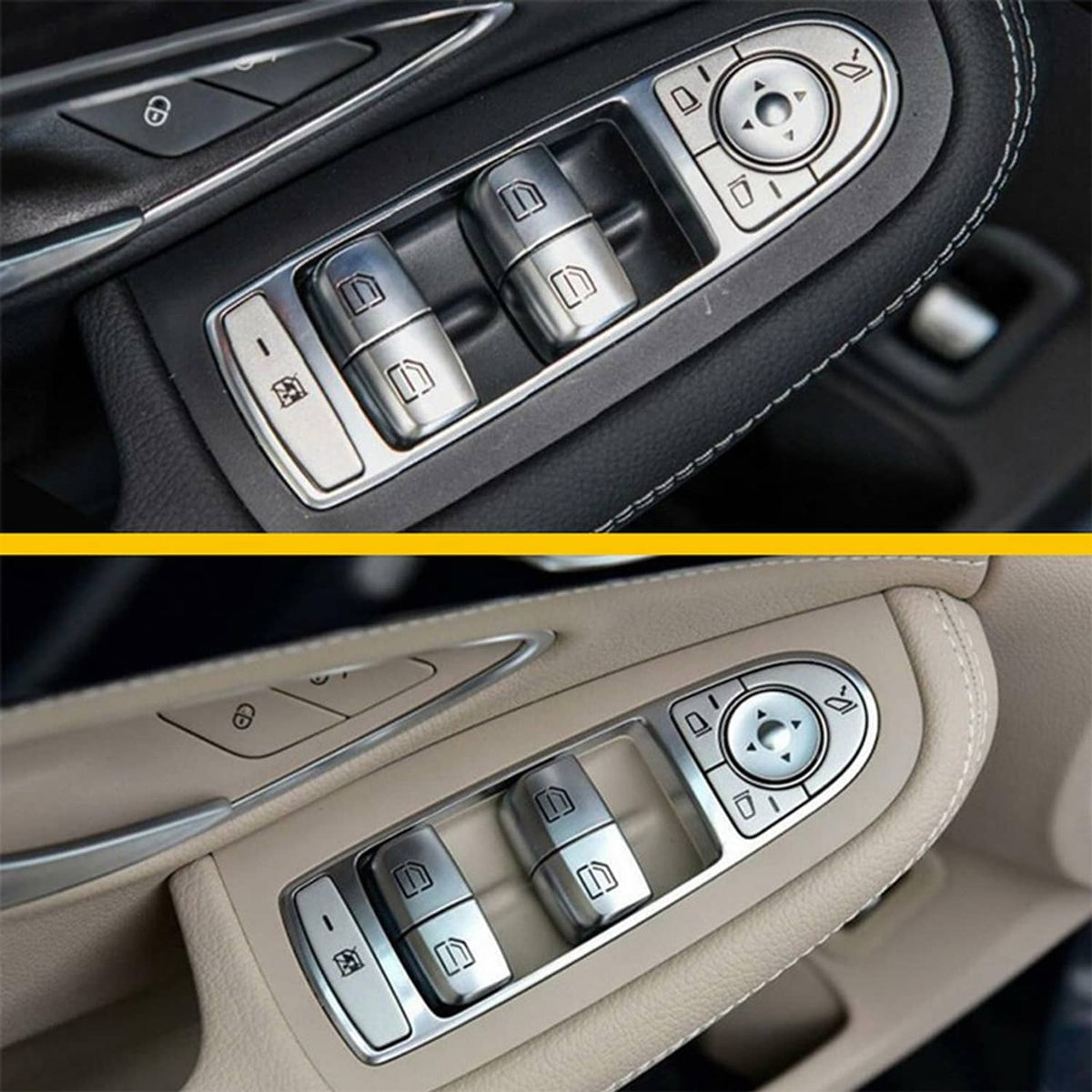 Power window switch panel with silver rocker buttons and rotary control on car door