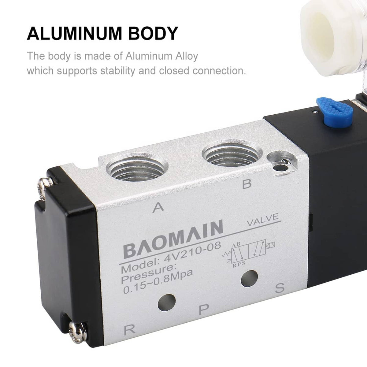 Pneumatic solenoid air control valve with aluminum body and port labels A, B, R, P, S