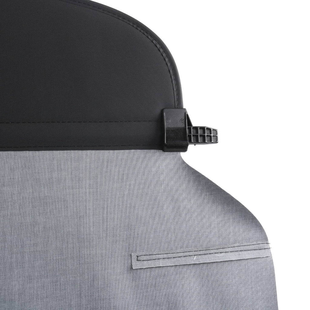 Black cargo cover with gray backing and side latch mounting bracket