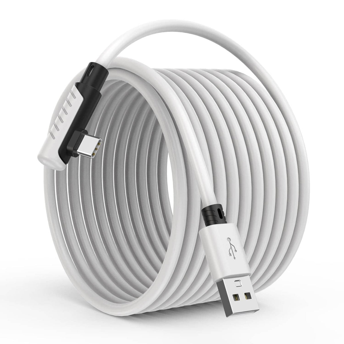 White coiled VR link cable with USB-A and USB-C connectors, 16 ft