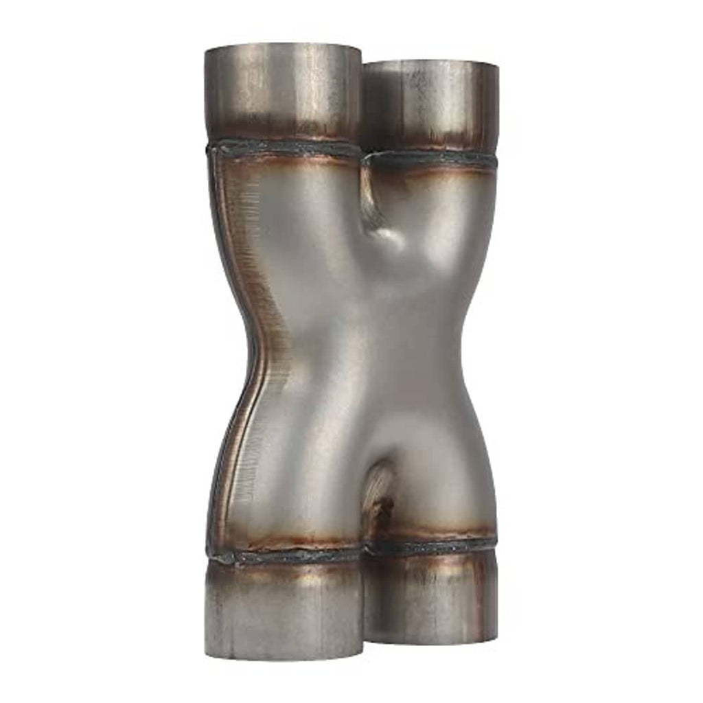 Stainless steel dual exhaust pipe end view with two joined outlet sections
