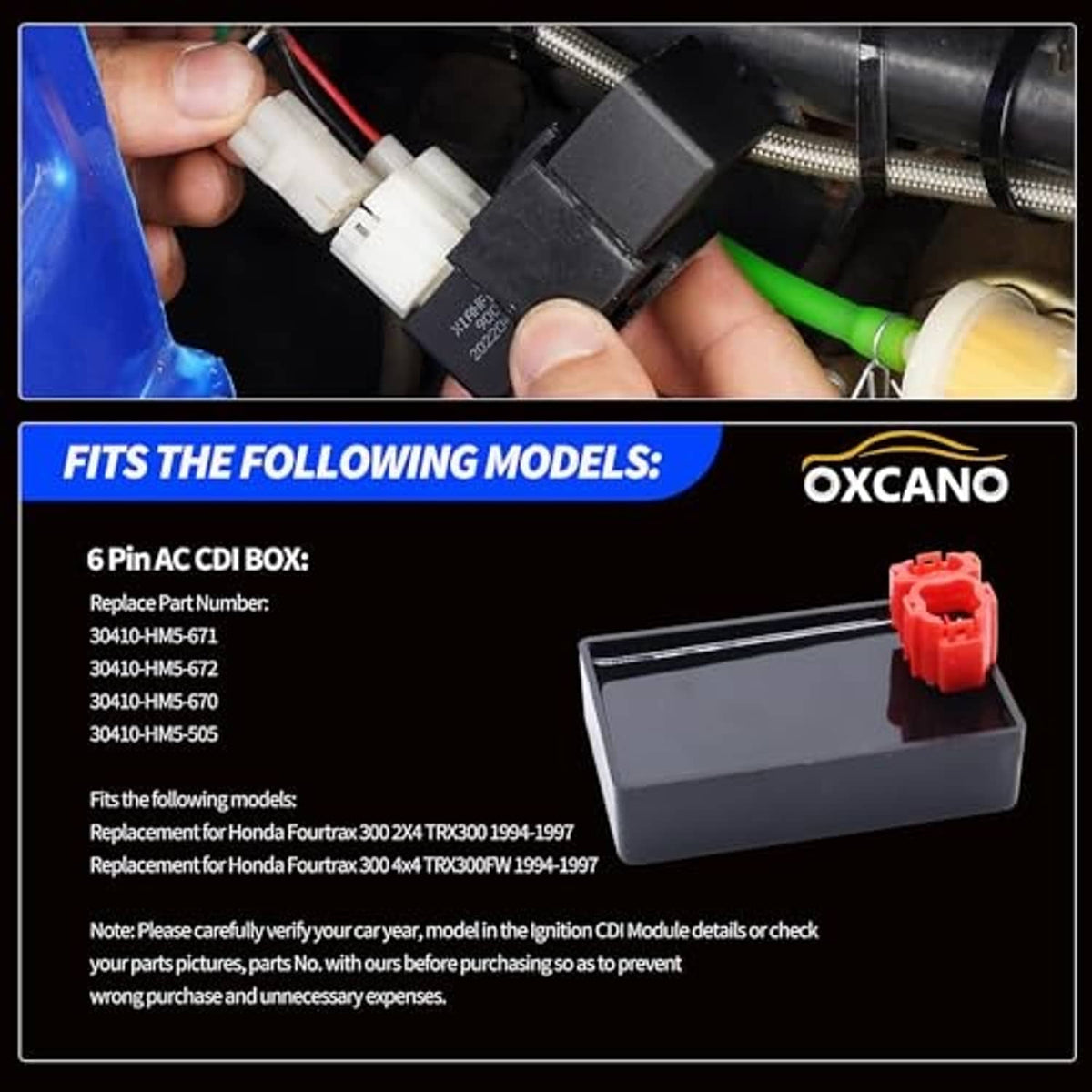 Black CDI module box with red connector and white wiring harness plug