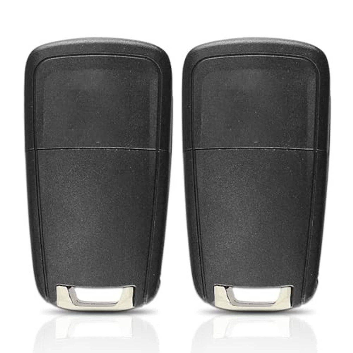 Two black key fob remotes back view with silver battery door
