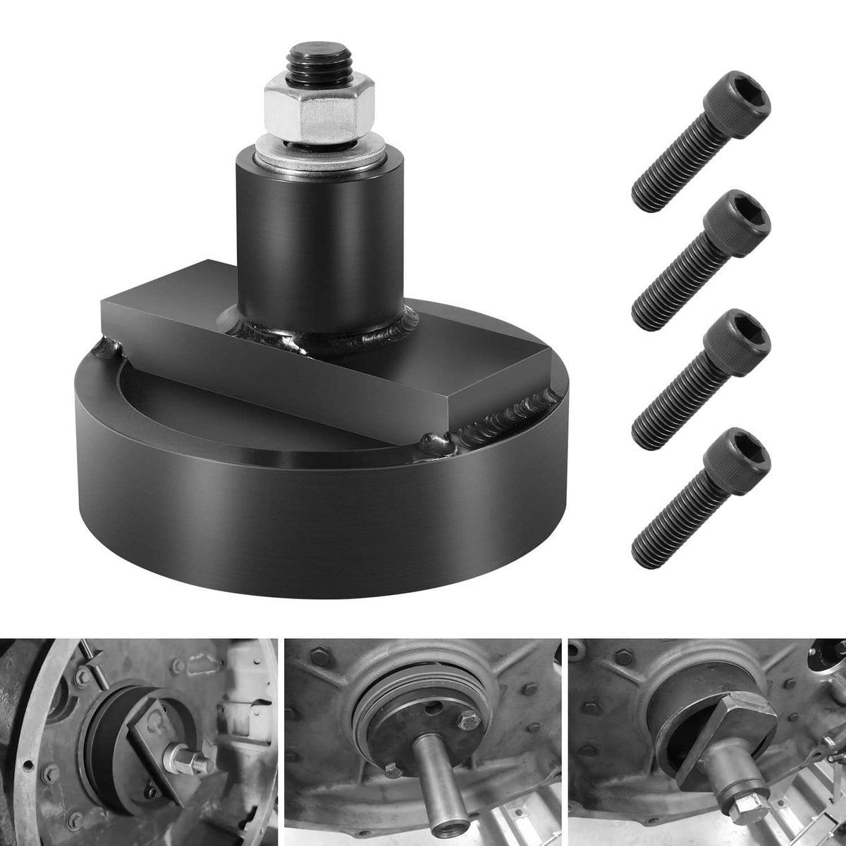 Rear main seal installer tool with round base, center stud, and threaded bolts