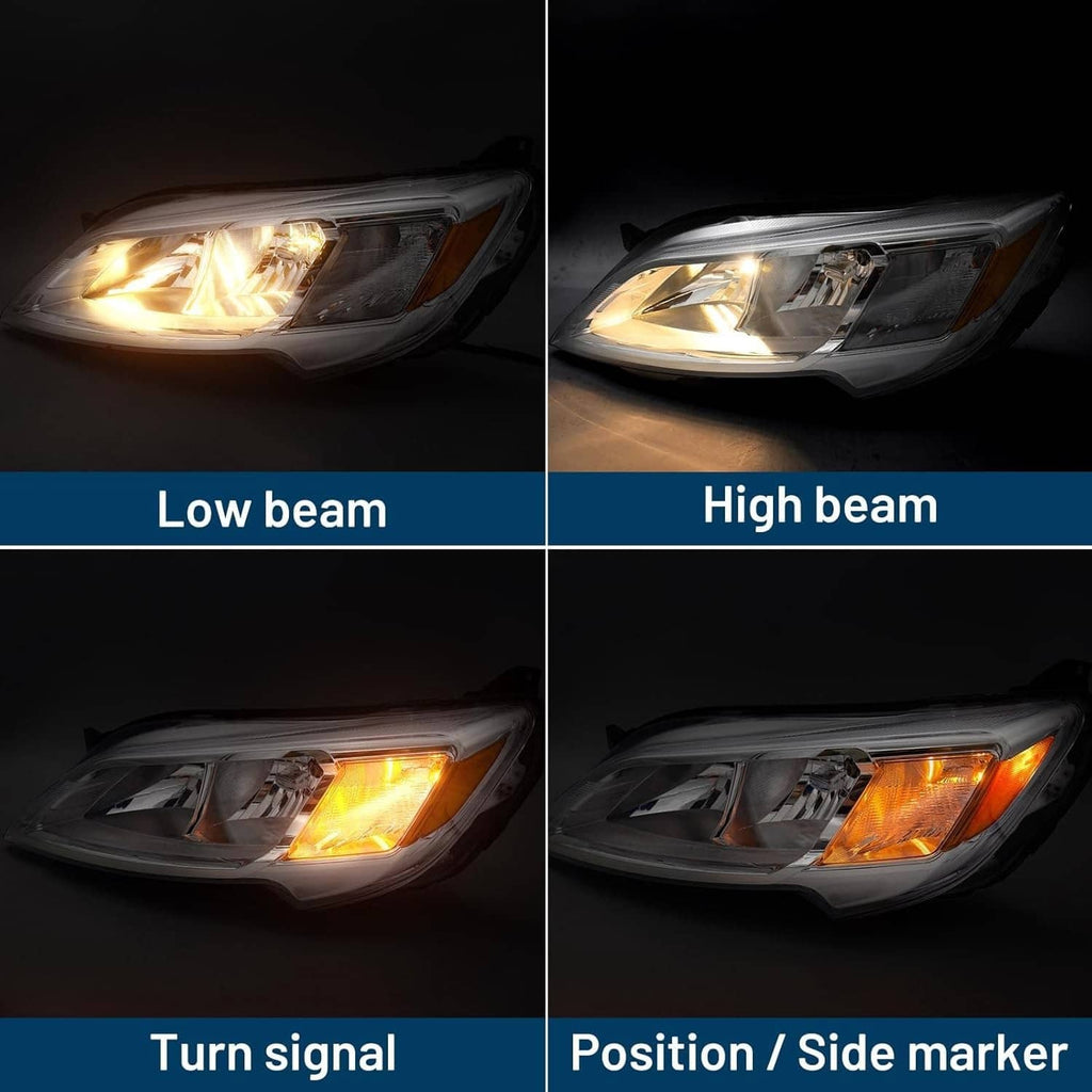 Left halogen headlight showing low beam, high beam, turn signal, and position/side marker.