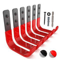 Pack of red U-shaped wall hooks with gray mounting plates and screws, anchors, and bit