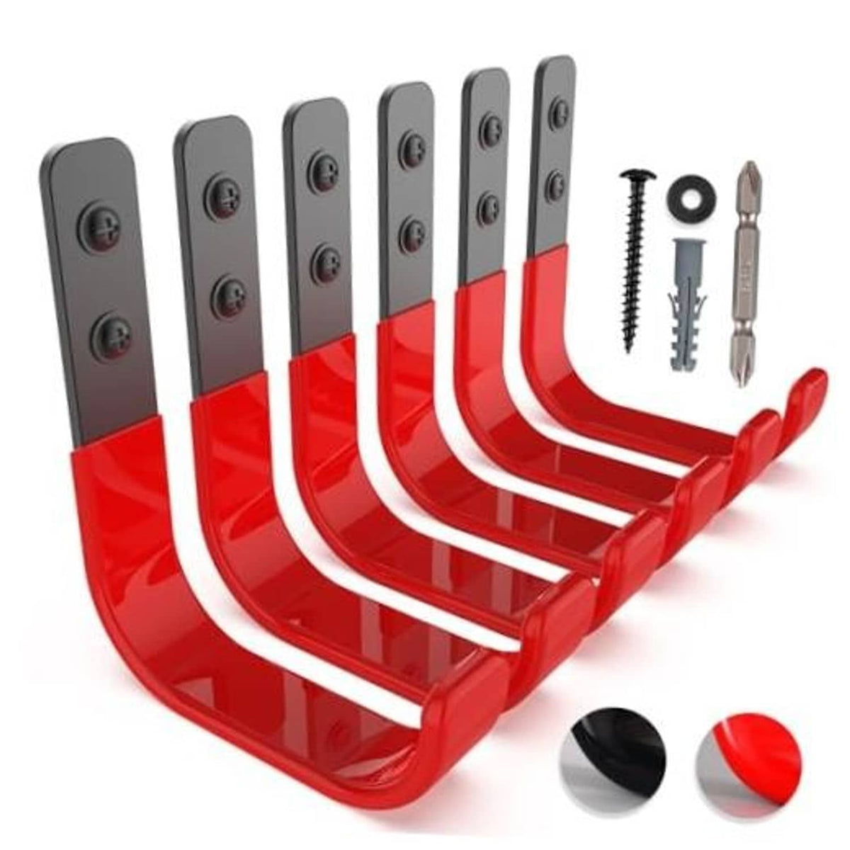 Pack of red U-shaped wall hooks with gray mounting plates and screws, anchors, and bit