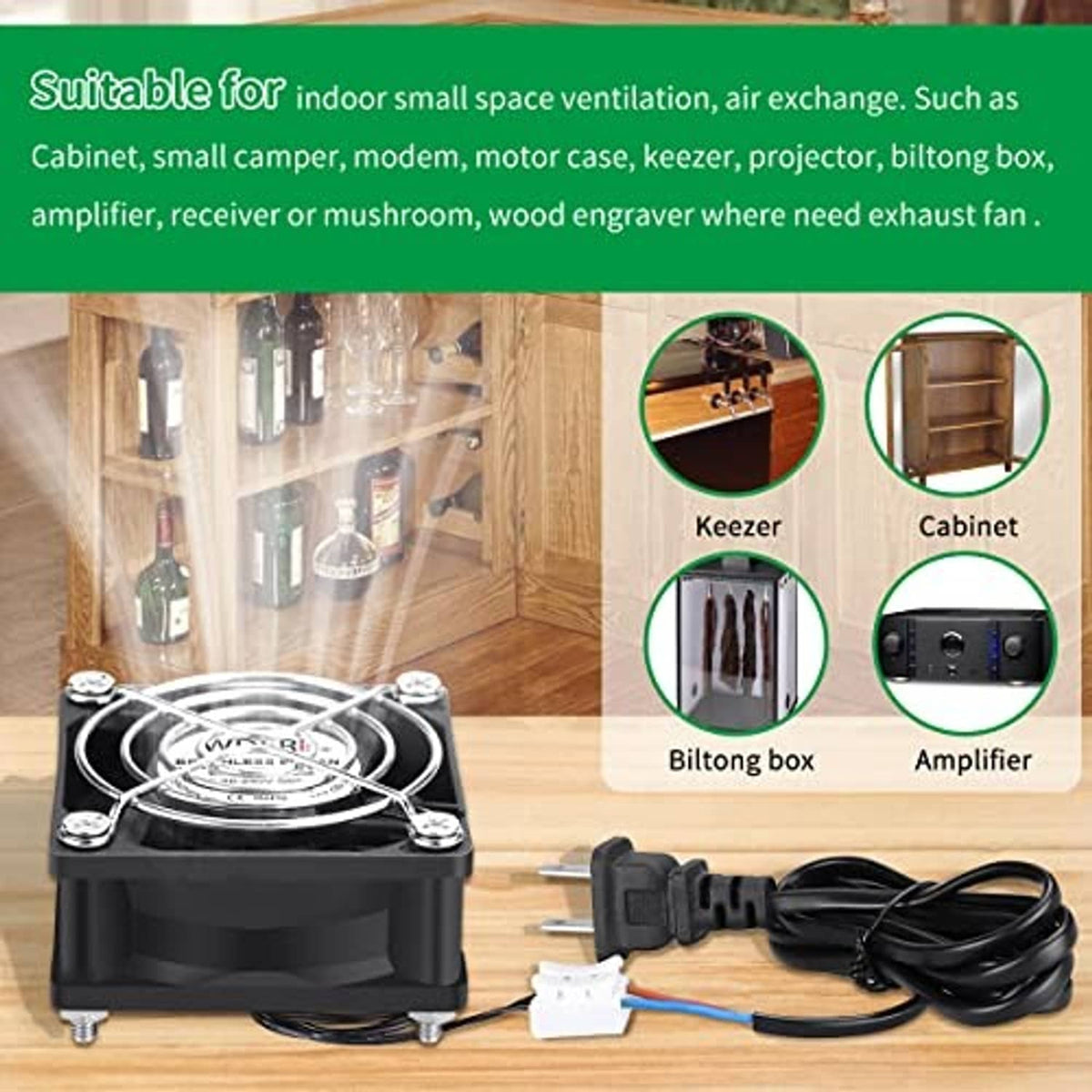 Small EC axial fan kit with fan and power cords for indoor ventilation use