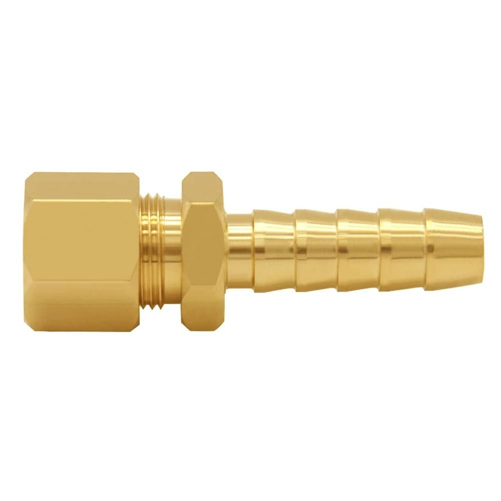 Brass fuel line adapter with hex compression end and barbed outlet tube, gold tone.