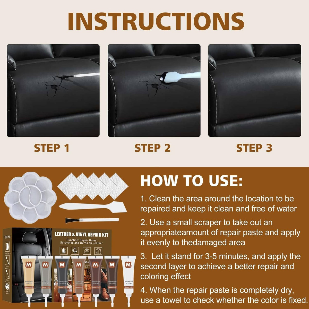 Leather repair kit instruction steps with paste tubes, patches, and scraper