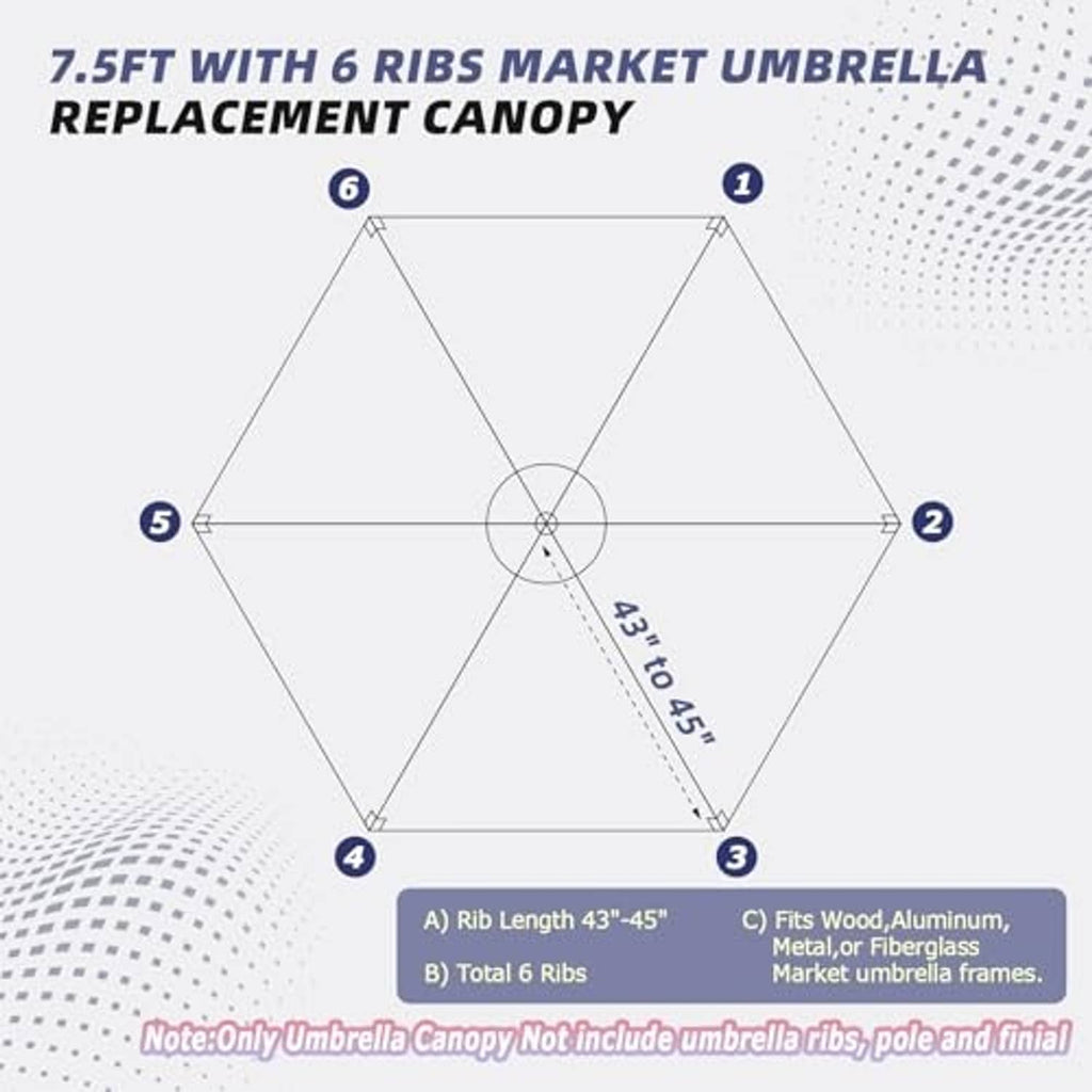 Diagram of 7.5 ft umbrella replacement canopy showing 6 rib positions