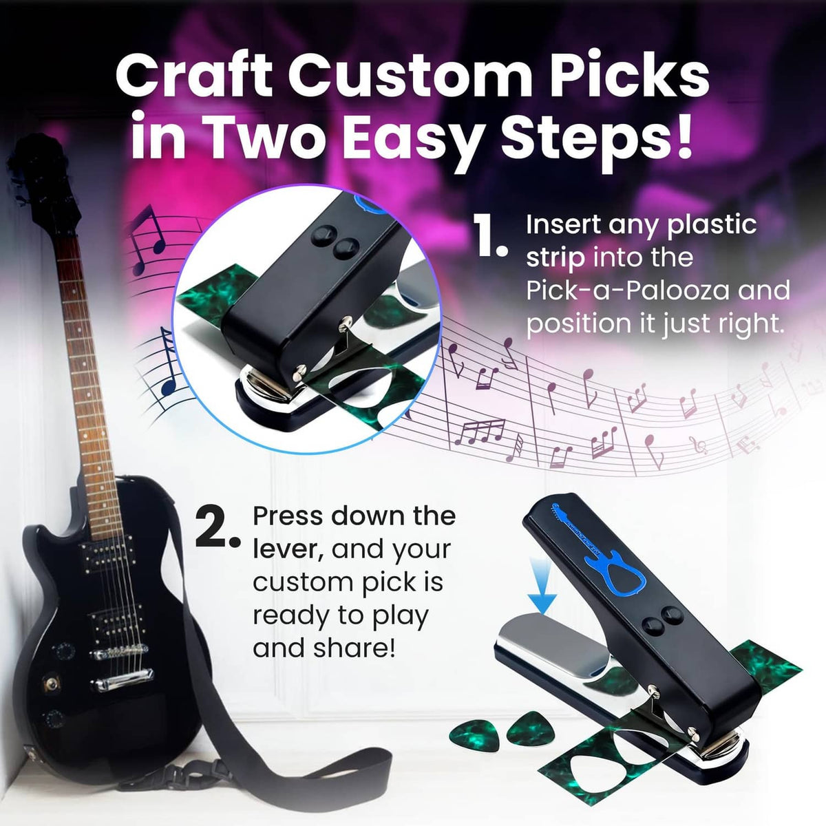 Blue guitar pick punch with metal base and green plastic strip inserted