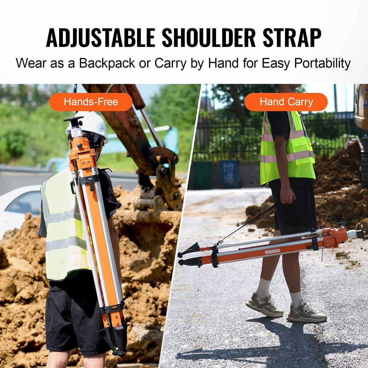 Adjustable laser tripod stand with integrated shoulder strap for carrying