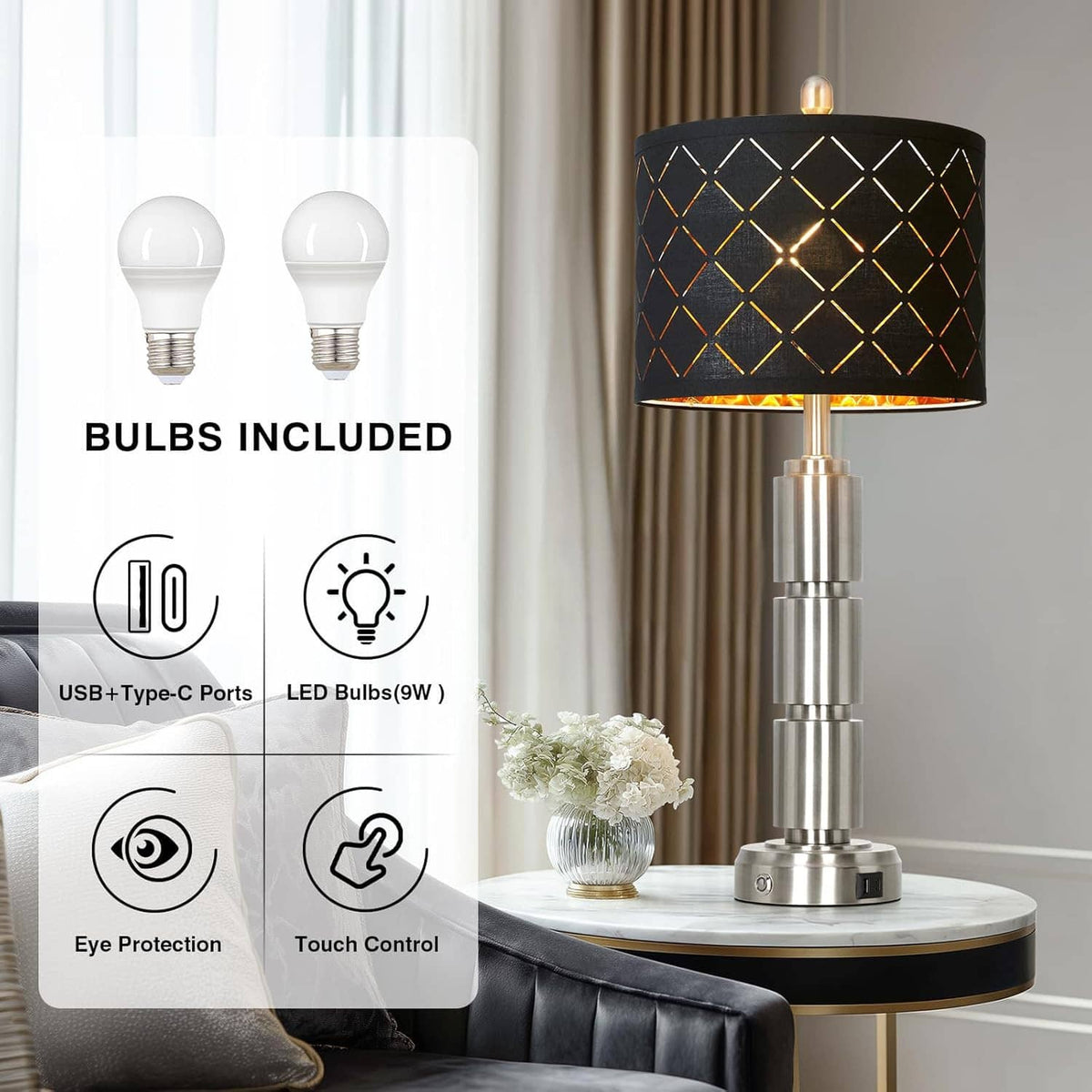 Table lamp with black diamond-pattern shade and brushed metal base; included LED bulbs shown