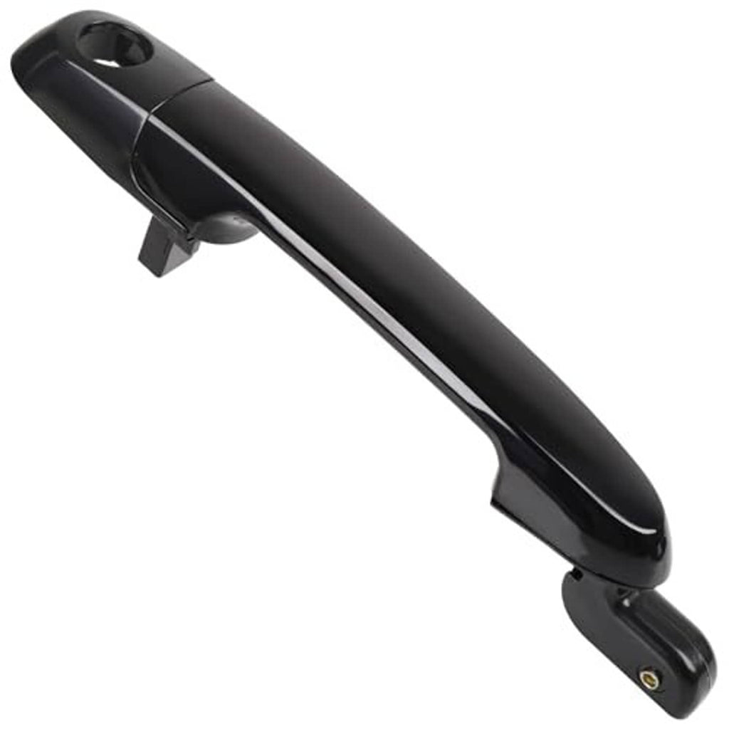 Black exterior door handle with smooth finish and keyhole cutout, front right passenger side