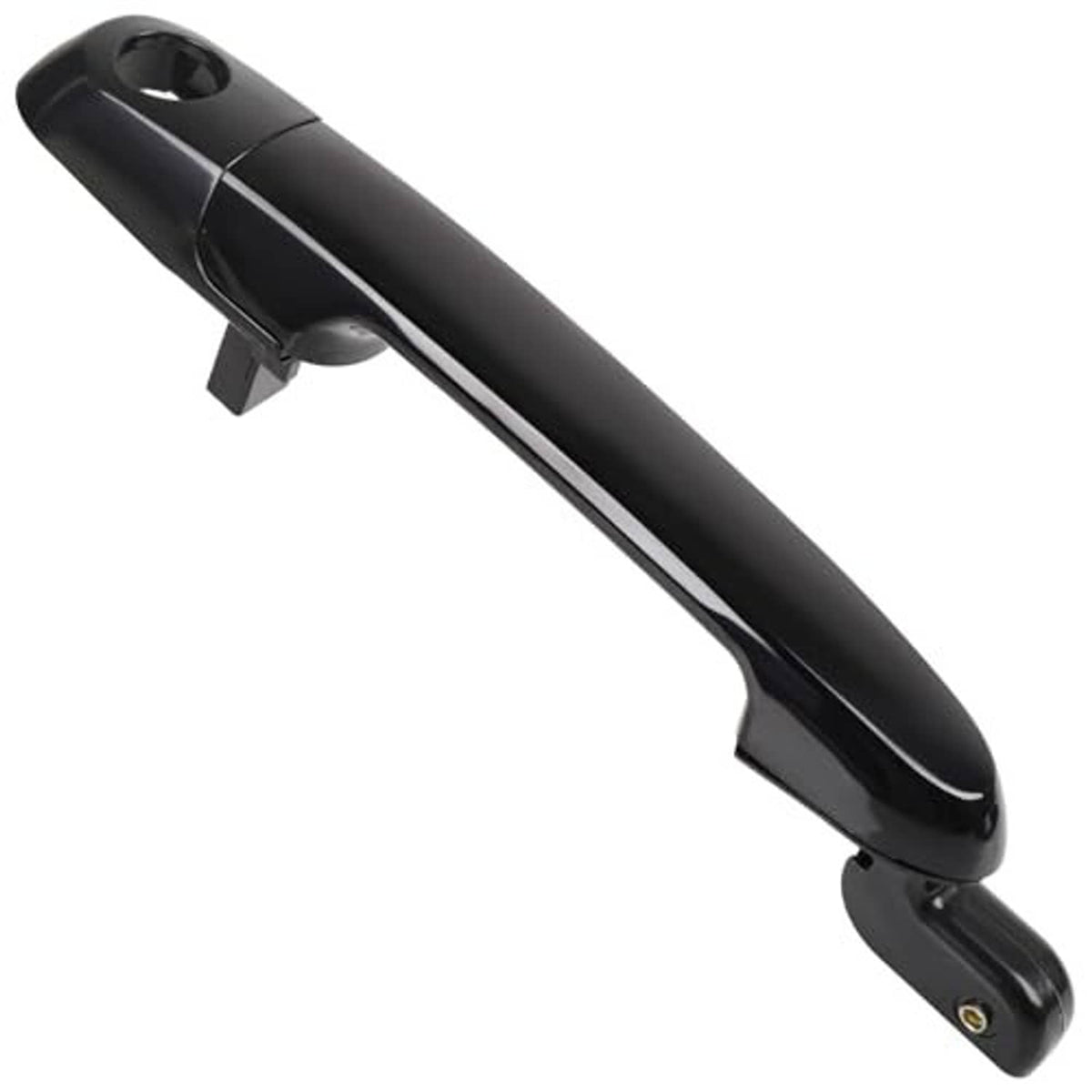 Black exterior door handle with smooth finish and keyhole cutout, front right passenger side