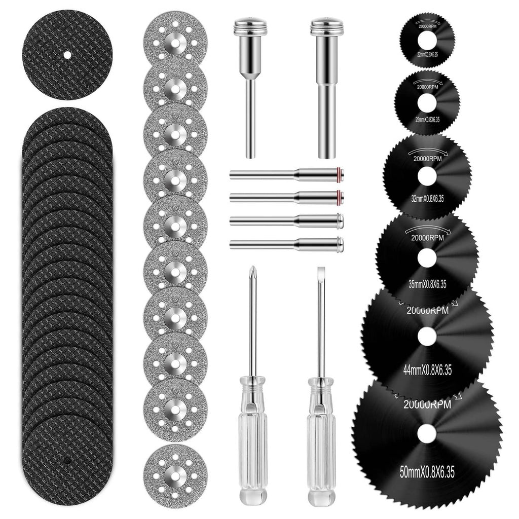 Rotary tool cutting wheel set with diamond discs, mandrels, and assorted blade shapes